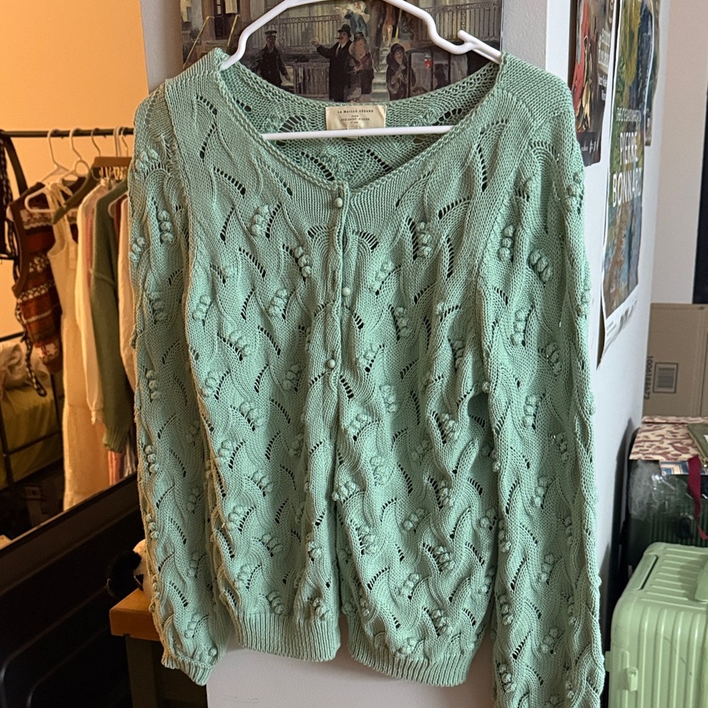 sezane Mint Green Openwork Button-Front Women's Sweater Cardigan
